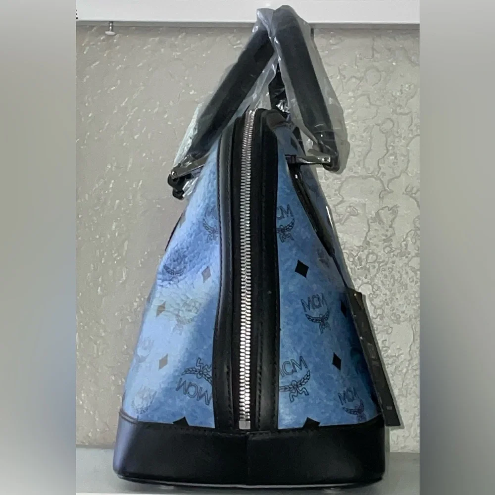 MCM SIGNATURE LEATHER DOMED TOP HANDLE SATCHEL HANDBAG PURSE DENIM BLUE BLACK